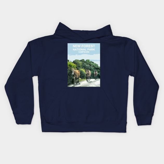 New Forest, Hampshire ponies, horses gift. New Forest Travel poster Kids Hoodie by BarbaraGlebska